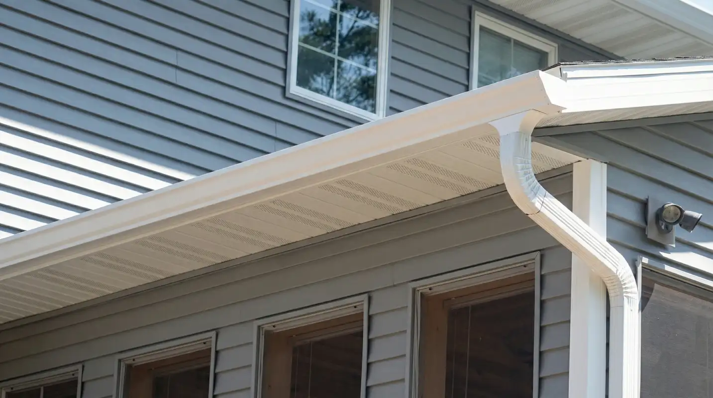 Professional home remodeling project showing newly installed white seamless gutters and downspouts on a house with gray siding in Memphis, TN