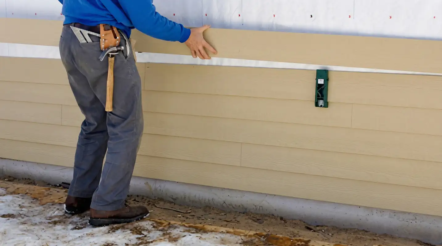 Siding replacement expert carefully aligning a new tan siding panel onto a residential exterior wall in Memphis, TN