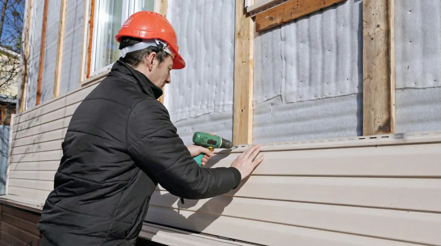 Siding replacement professional using a power drill to install new tan vinyl siding on a home exterior in Memphis, TN