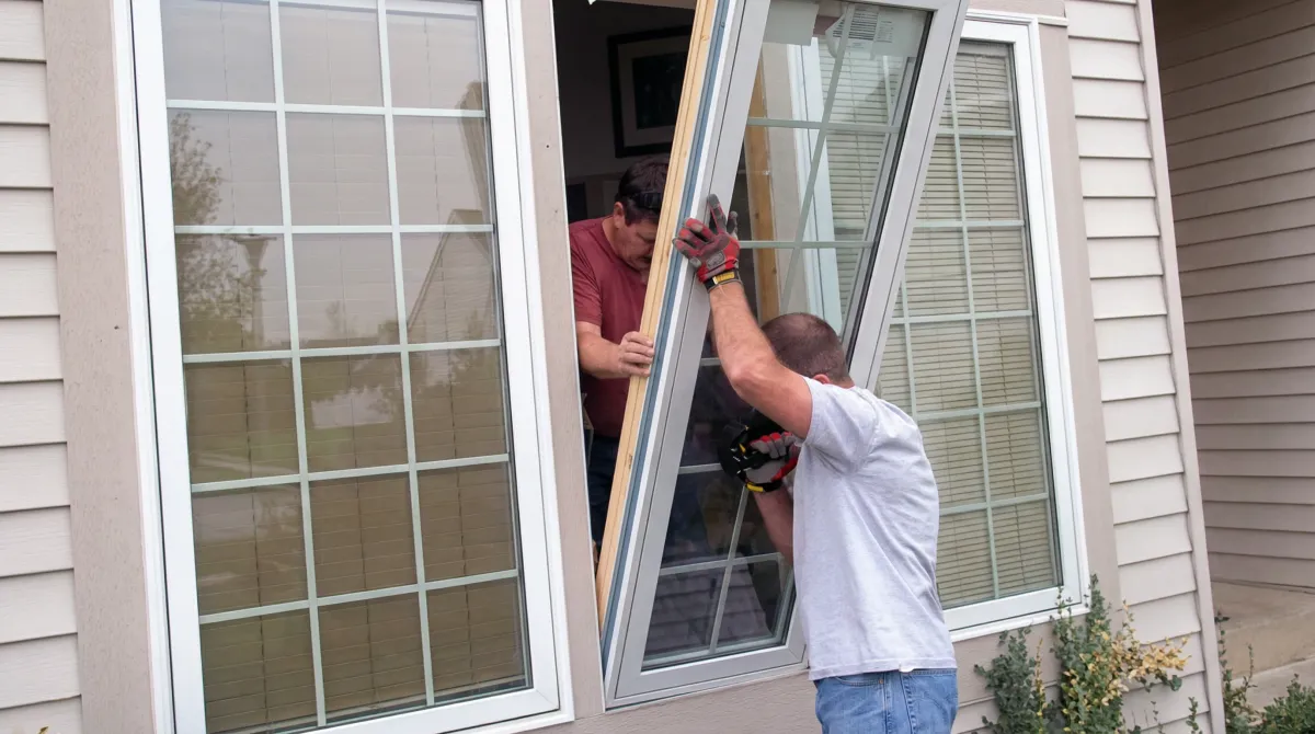 Professional home remodeling team installing a large replacement window on a house with tan siding in Memphis, TN