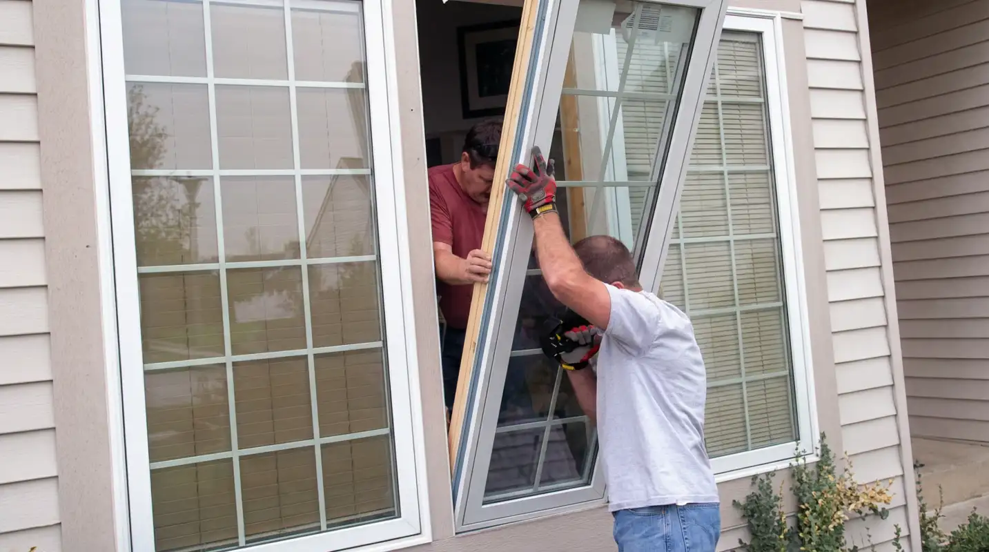 Professional home remodeling team installing a large replacement window on a house with tan siding in Memphis, TN